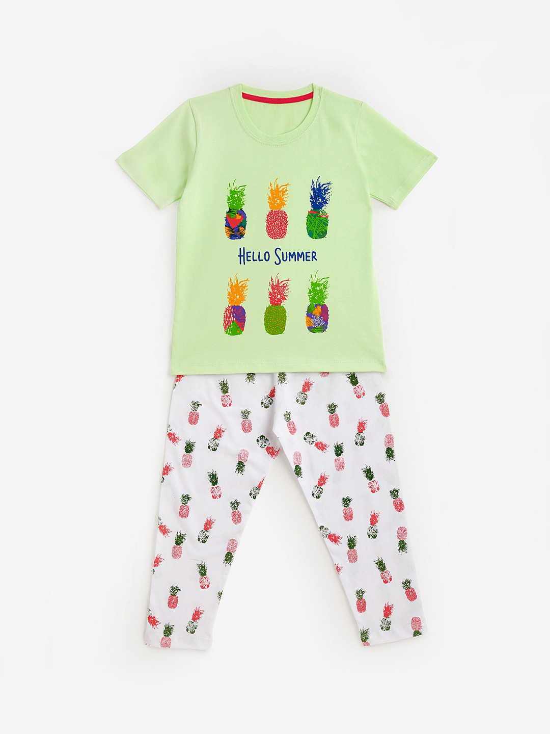 

KIDSCRAFT Girls Green & White Printed T-shirt with Pyjamas