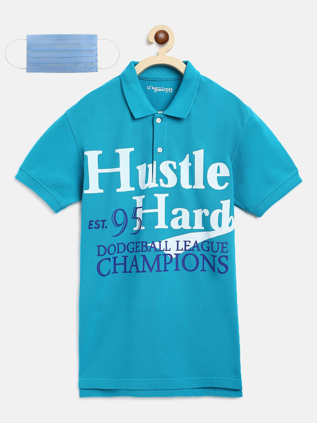 

Lil Tomatoes Boys Turquoise Blue Printed Cotton Polo Collar Pure Cotton T-shirt