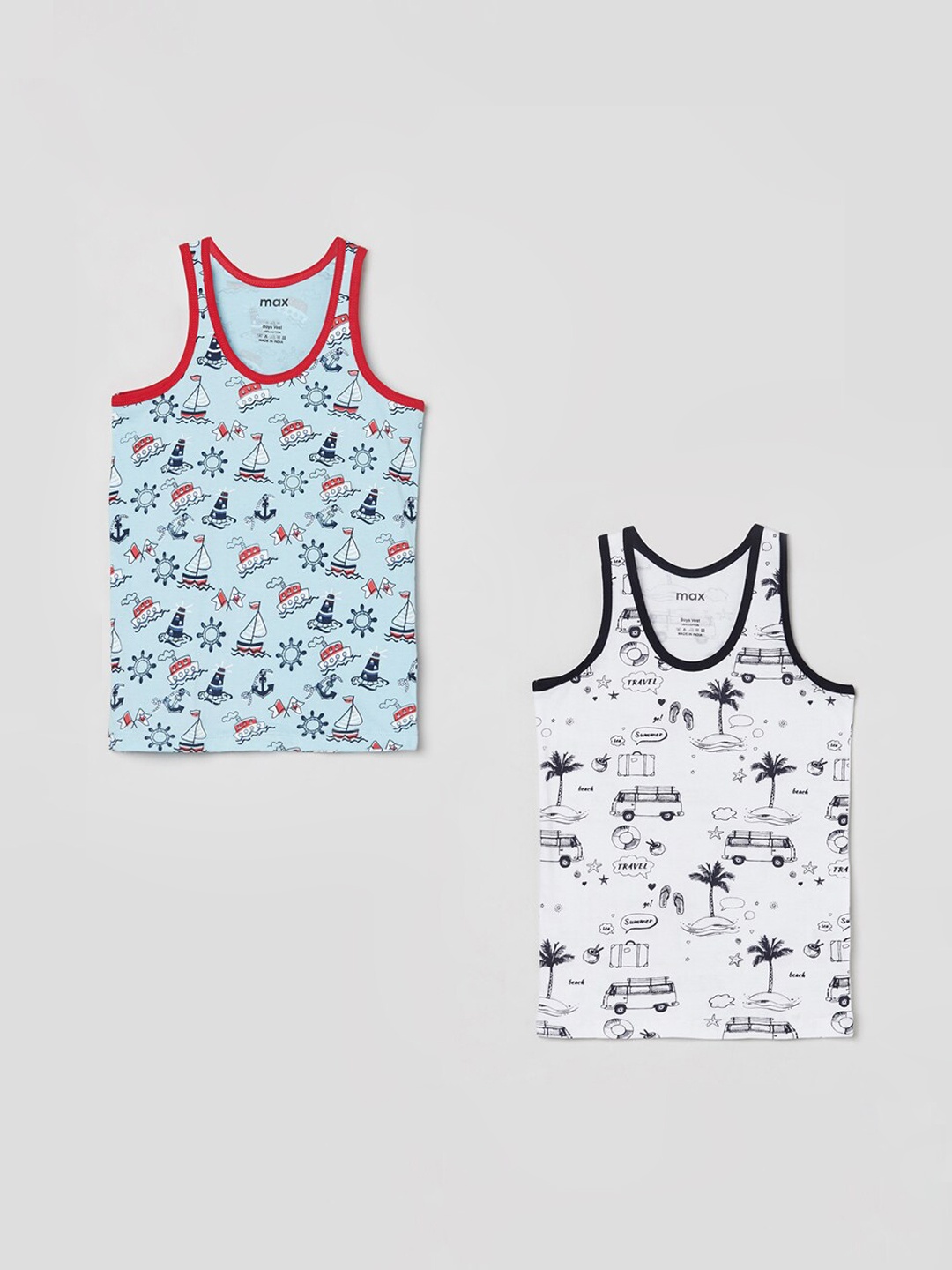 

max Boys Pack Of 2 Printed Basic Innerwear Vests, Blue