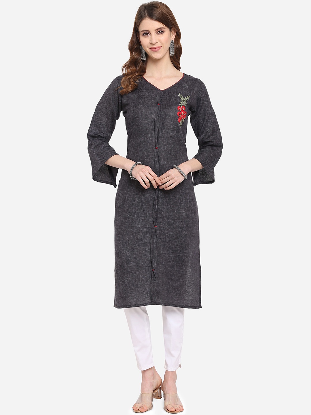 

Youthnic Women Charcoal Grey Floral Embroidered Flared Sleeves Thread Work Kurta