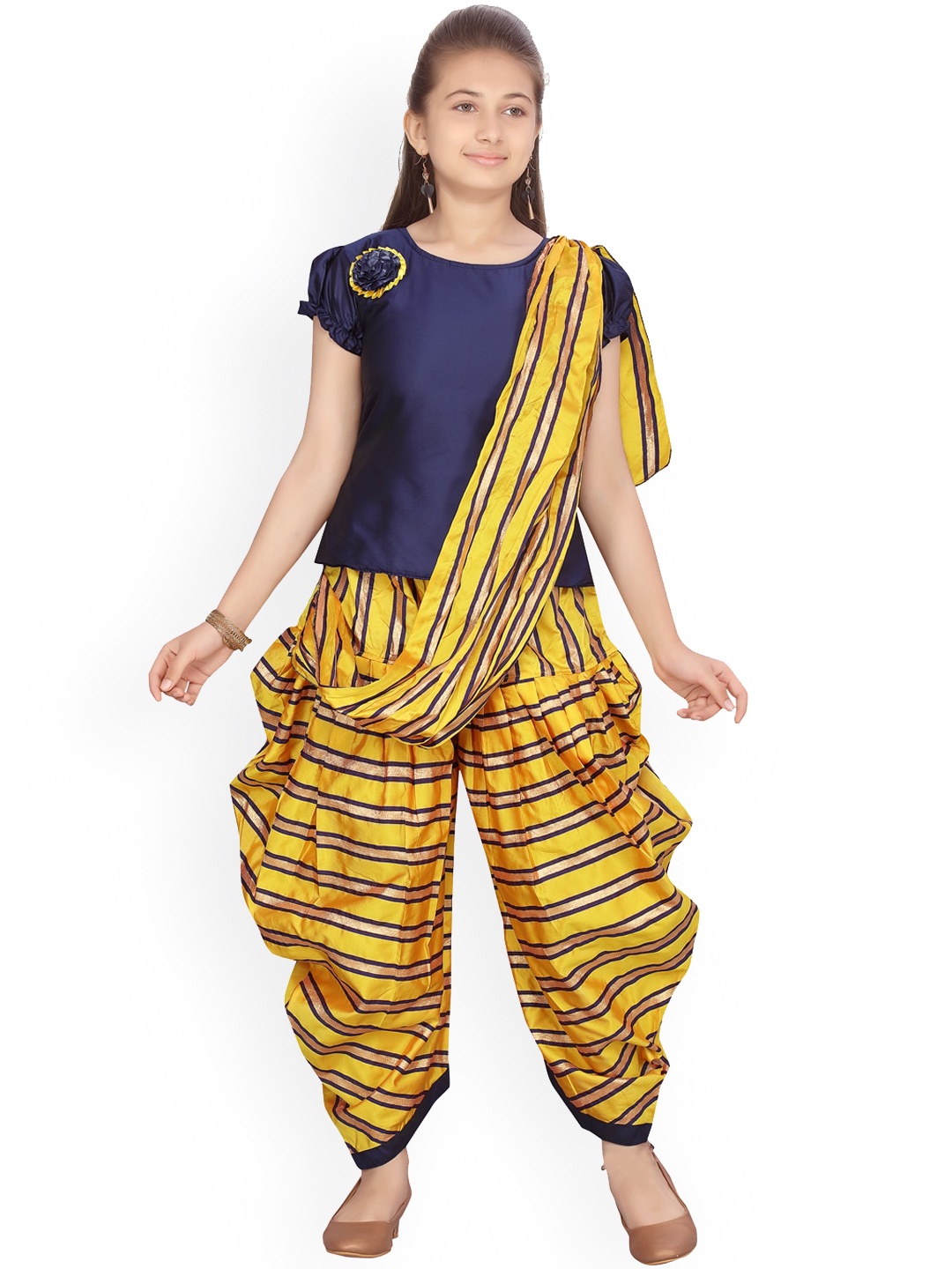 

Aarika Girls Navy Blue & Yellow Solid Kurti with Dhoti Pants & Dupatta