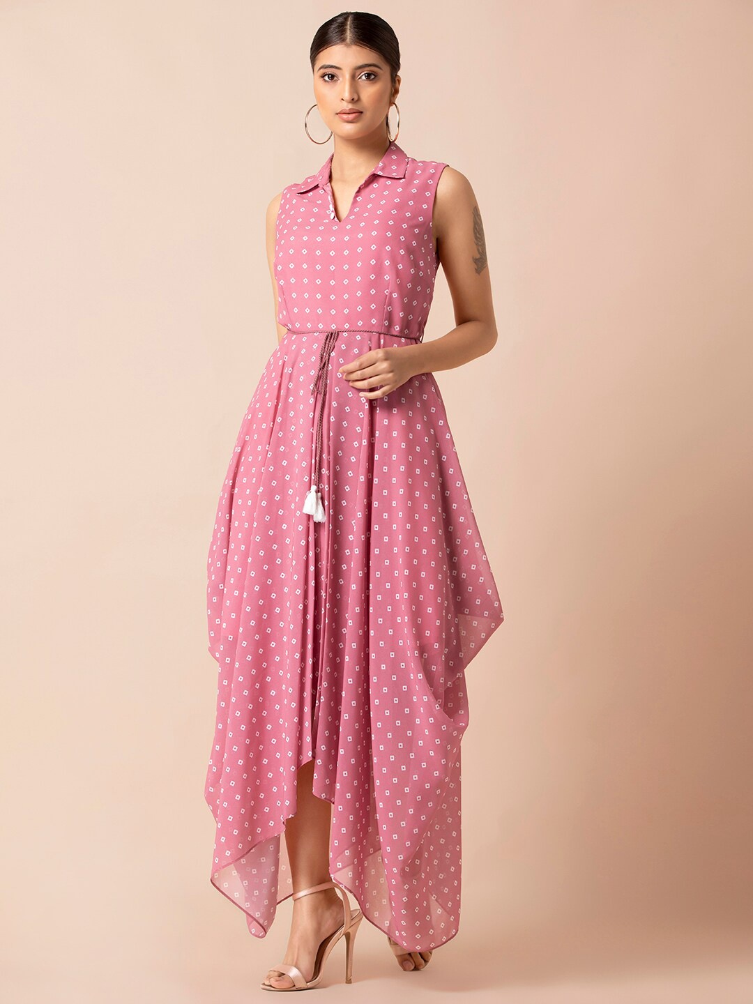 

INDYA Women Pink & White Bandhani Printed Maxi Dress