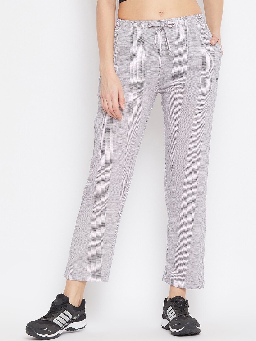 

Okane Women Grey Melange & Off-White Striped Straight-Fit Cropped Track Pants