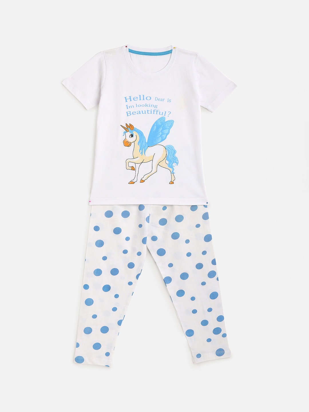 

KIDSCRAFT Girls White & Blue Printed T-shirt with Pyjamas
