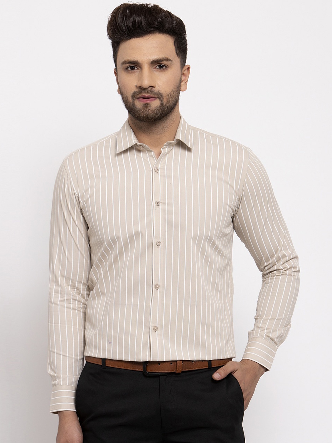 

JAINISH Men Beige Regular Fit Striped Cotton Formal Shirt