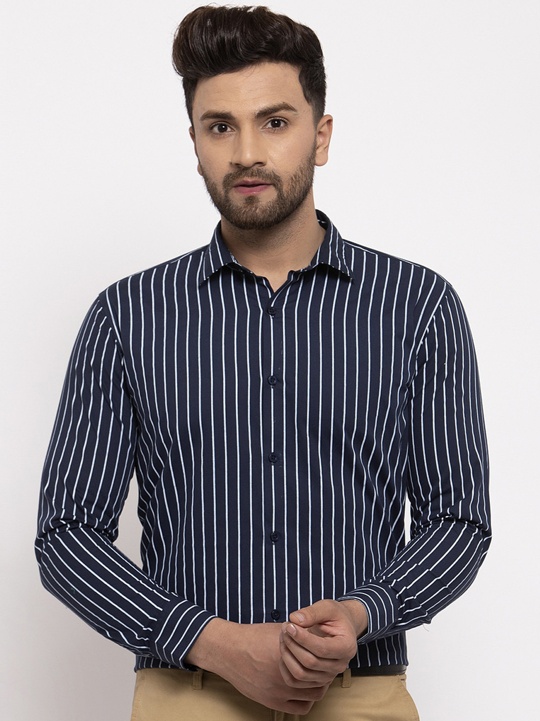 

JAINISH Men Navy Blue Regular Fit Striped Cotton Formal Shirt