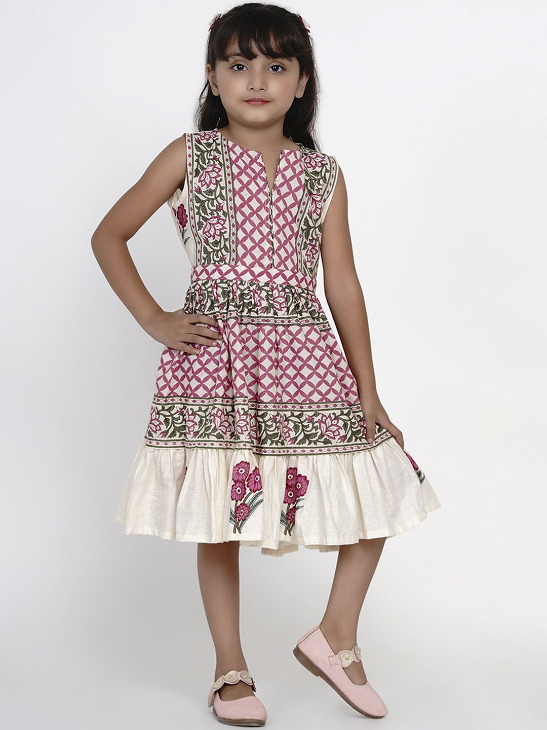 

Bitiya by Bhama Girls Pink & Off-White Printed Fit and Flare Dress