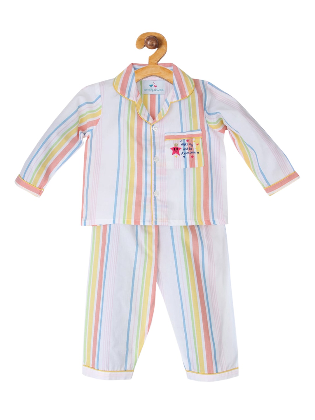 

Knitting Doodles Unisex Kids White & Yellow Striped Night suit