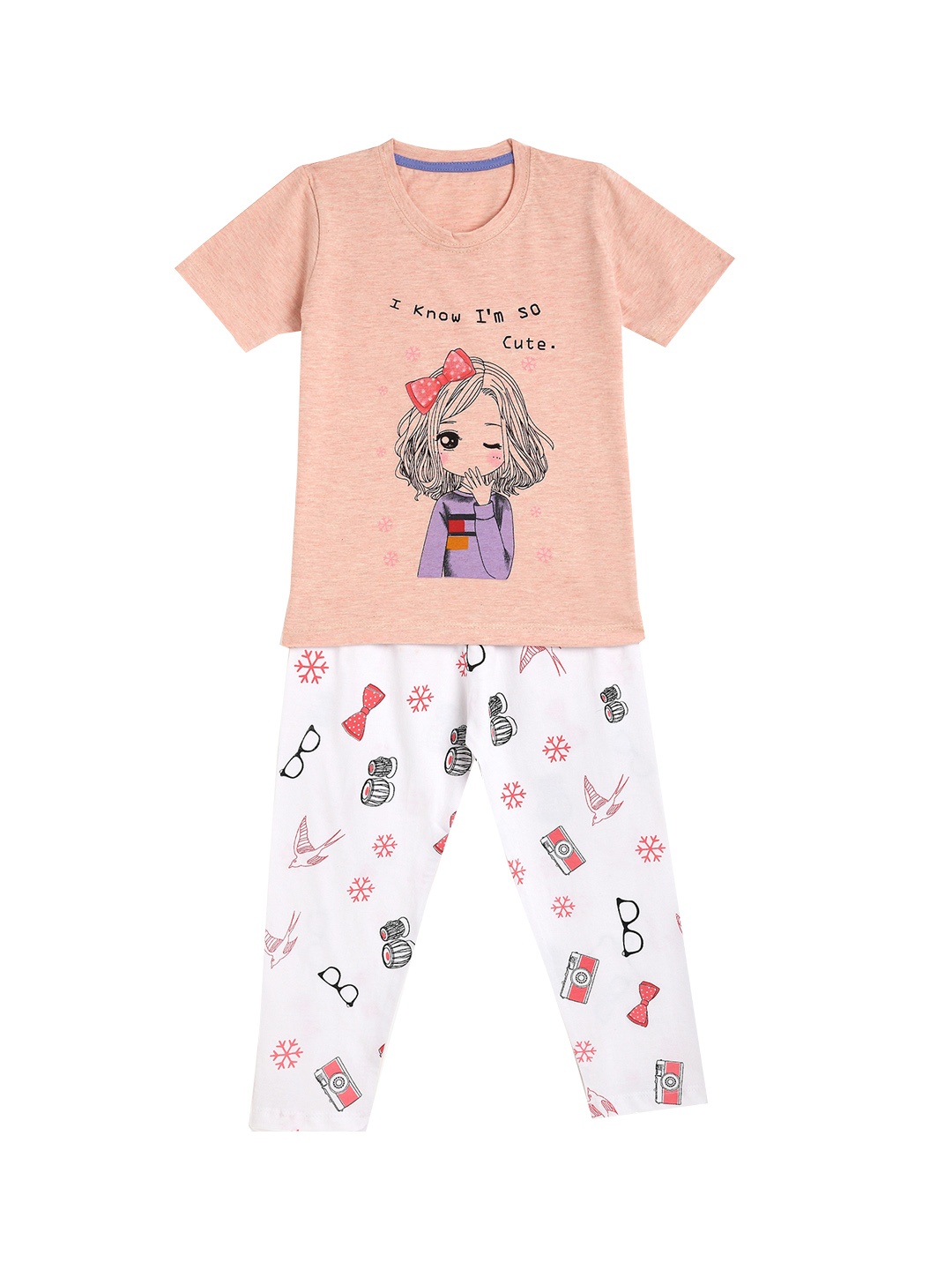 

KIDSCRAFT Girls Peach-Coloured & White Printed T-shirt with Pyjamas