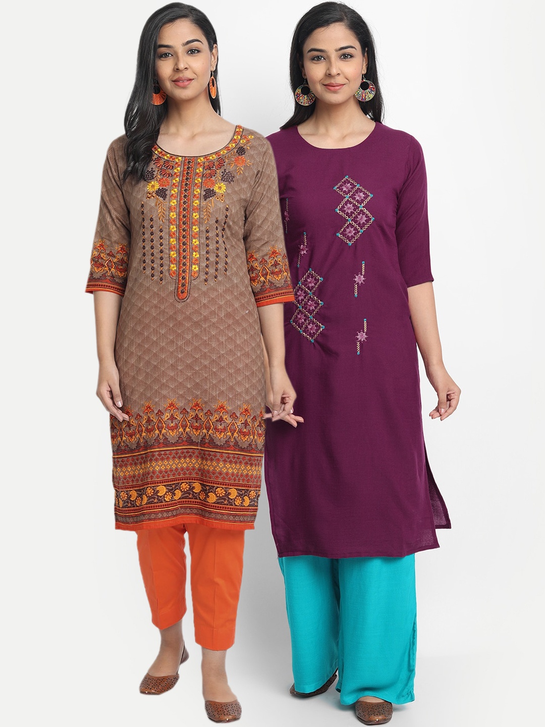 

7Threads Women Pack Of 2 Embroidered Thread Work Kurtas, Brown