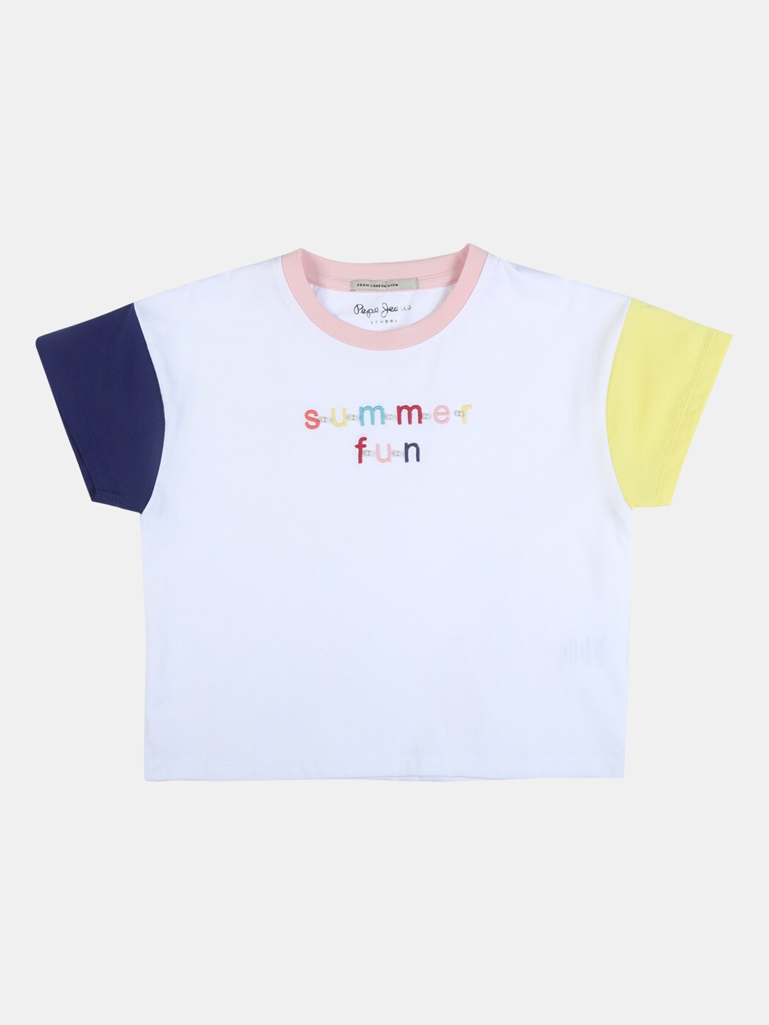 

Pepe Jeans Girls Off-White Colourblocked Round Neck Pure Cotton T-shirt