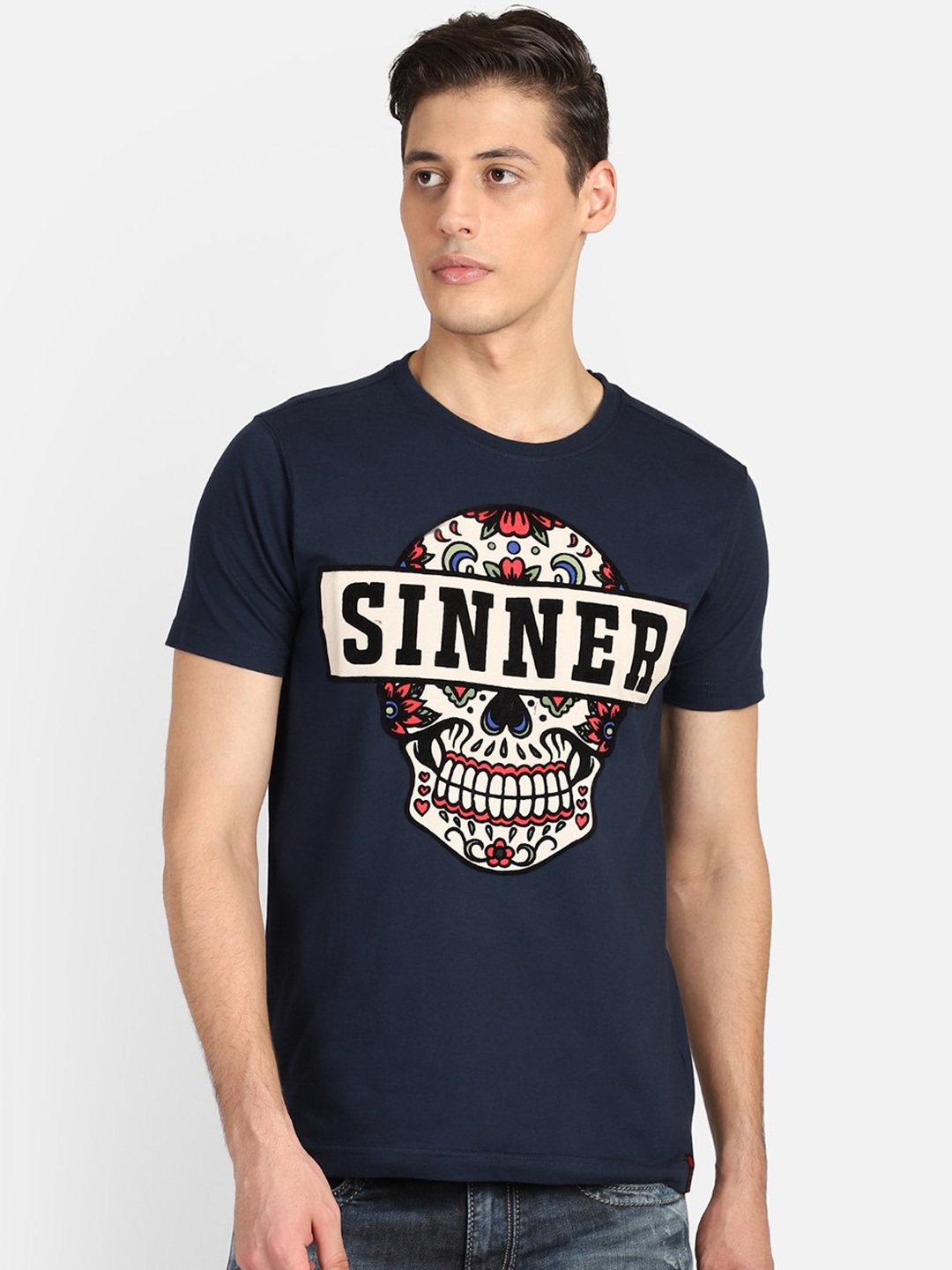

PUNK Men Navy Blue Printed Round Neck T-shirt