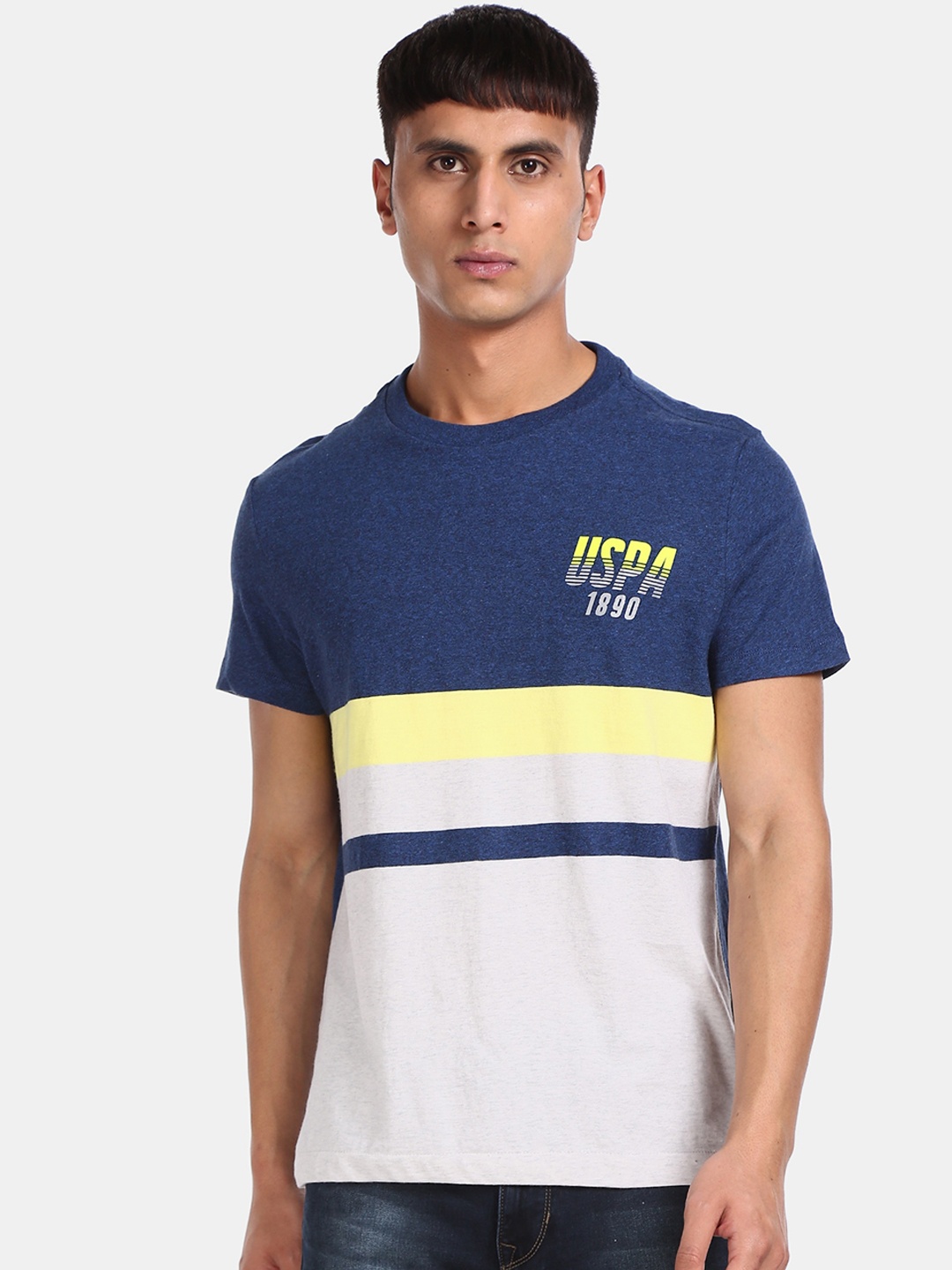 

U.S. Polo Assn. Denim Co. Men Navy Blue Grey Colourblocked Round Neck Pure Cotton T-shirt