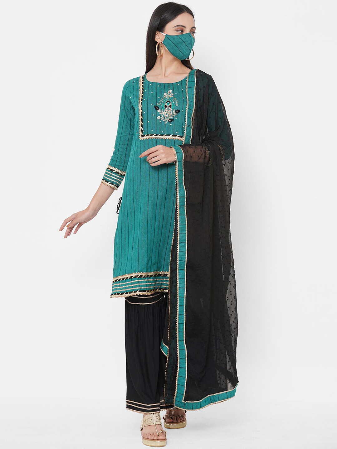 

FASHOR Women Green Black Striped Kurta Set