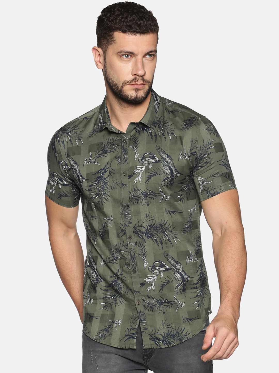 

SHOWOFF Men Green & Grey Slim Fit Printed Casual Shirt