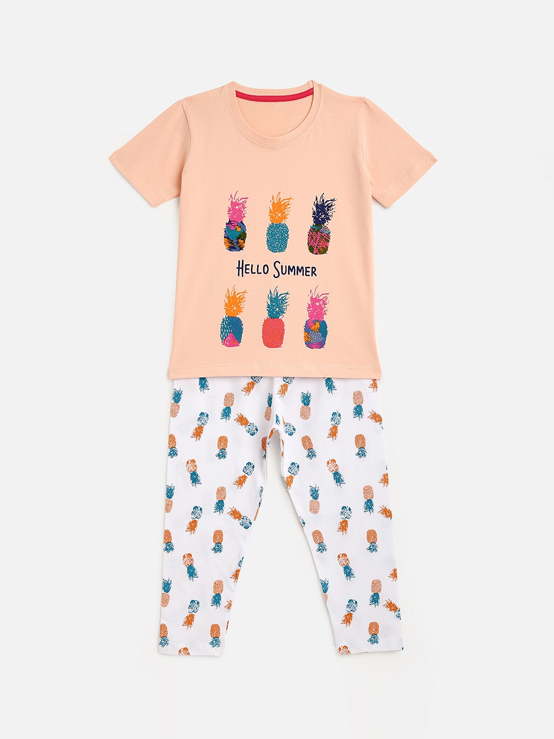 

KIDSCRAFT Girls Peach-Coloured & White Printed T-shirt with Pyjamas