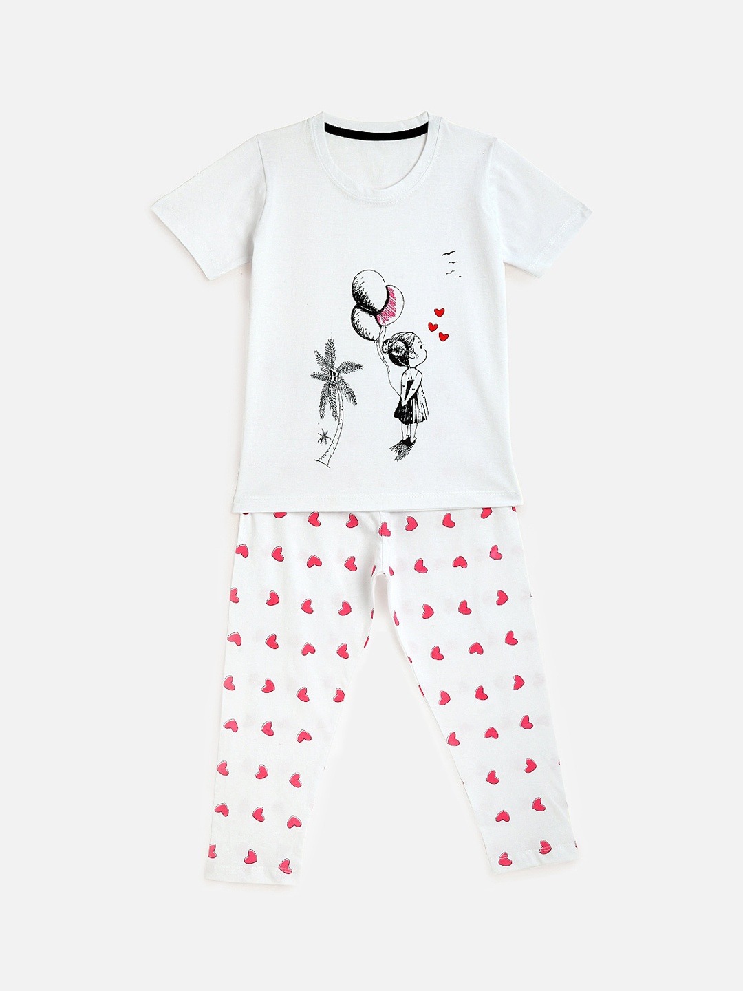 KIDSCRAFT Girls White & Red Printed T-shirt with Pyjamas