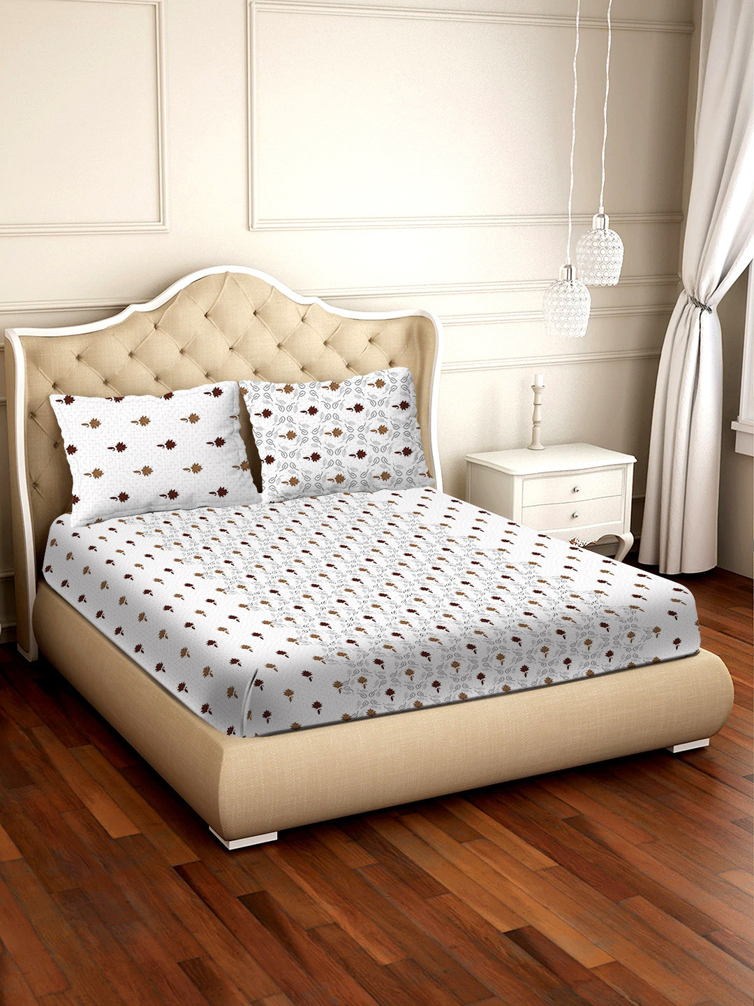 

BELLA CASA White & Brown Ethnic Motifs 250 TC Cotton 1 King Bedsheet with 2 Pillow Covers