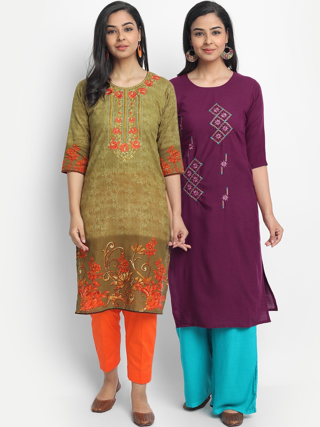

7Threads Women Multicoloured Set of 2 Yoke Design Thread Work Straight Kurta, Multi