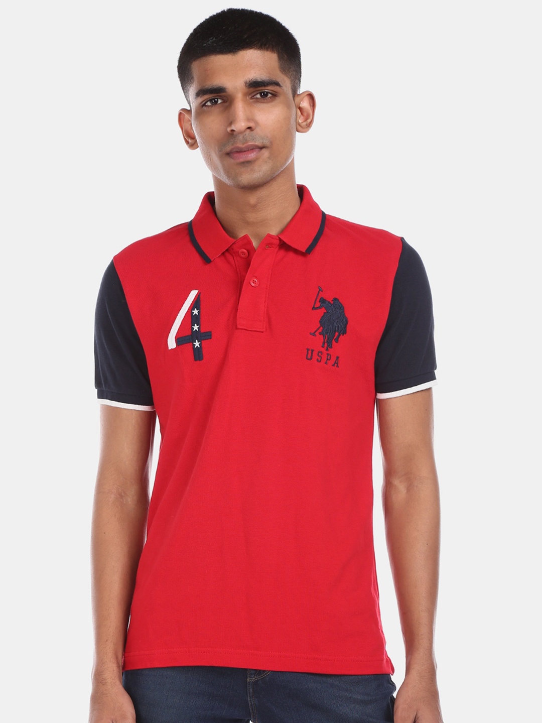 

U.S. Polo Assn. Men Red Navy Blue Self Design Polo Collar Pure Cotton T-shirt