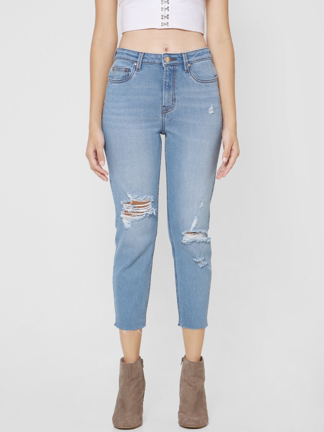 

ONLY Women Blue Straight Fit Mid-Rise Mildly Distressed Jeans