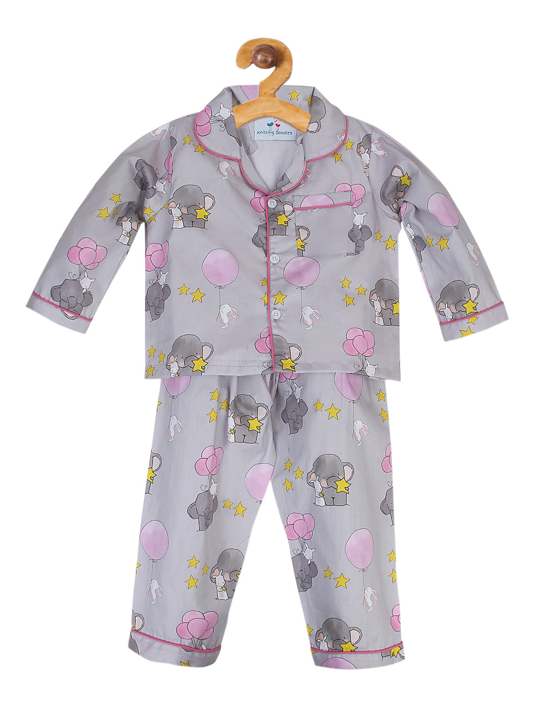 

Knitting Doodles Unisex Kids Grey & Pink Printed Night suit
