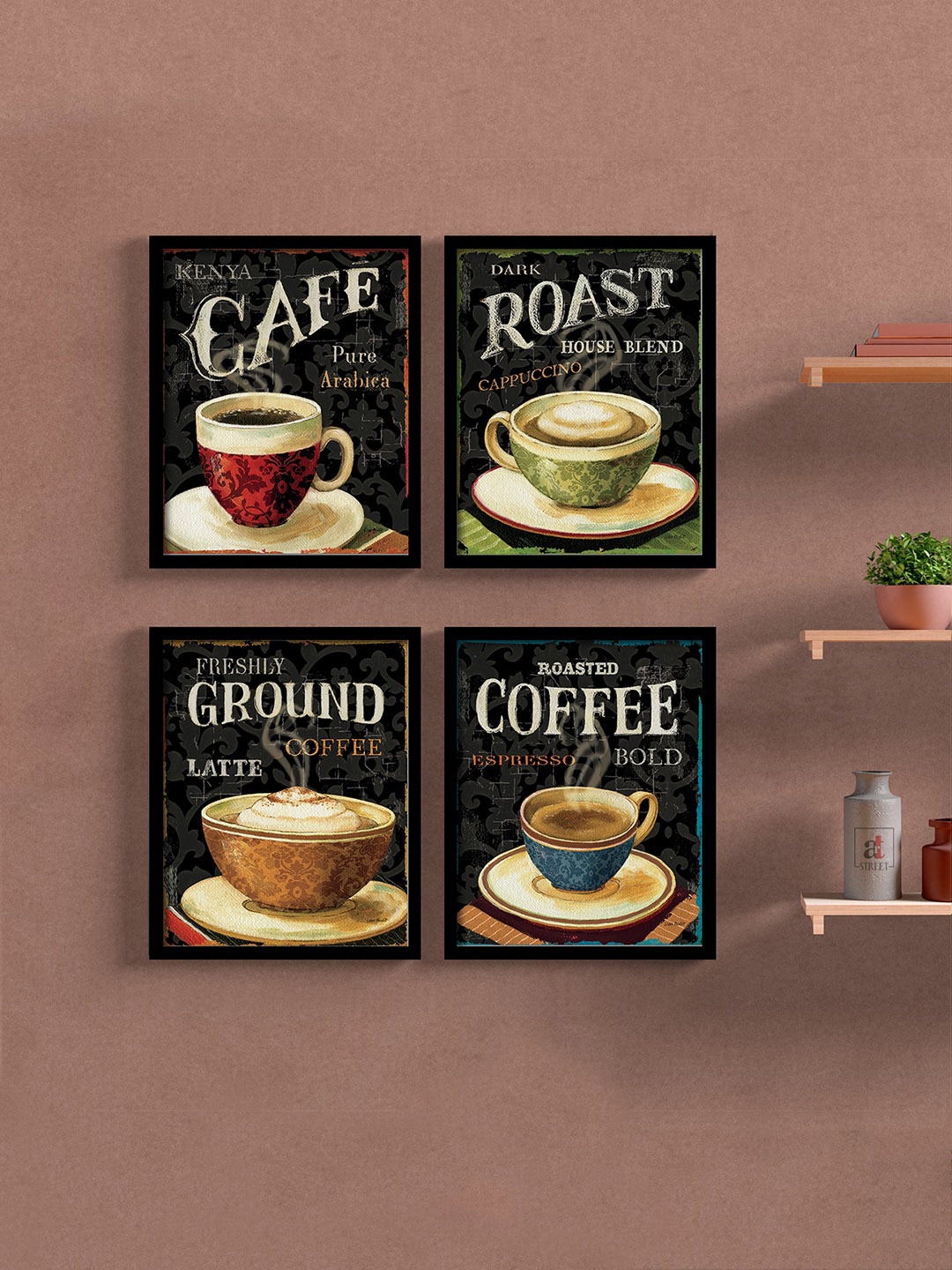 Art Street Set Of 4 White & Brown Printed Framed Wall Art, Black