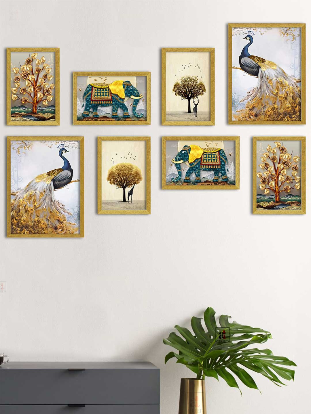 Art Street Set Of 8 Gold-Toned & Blue Birds & Animals Printed Framed Wall Art