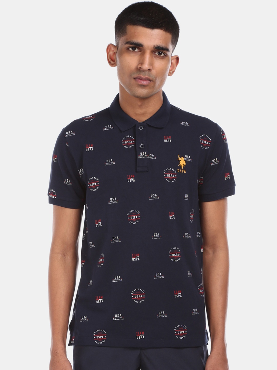 

U.S. Polo Assn. Men Navy Blue Printed Polo Collar T-shirt