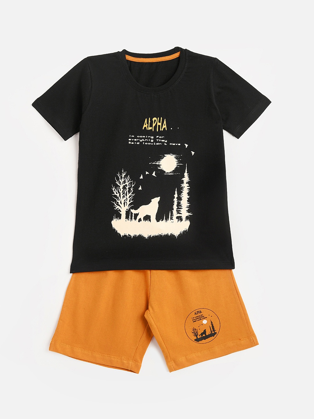 

KIDSCRAFT Boys Black & Yellow Fox Printed Cotton T-shirt with Shorts
