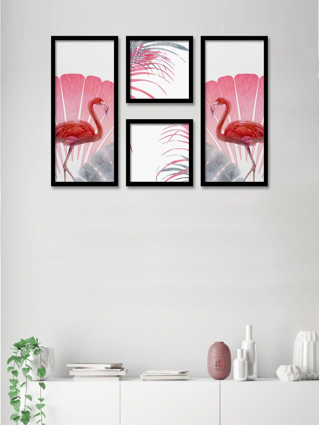 

Art Street Set Of 4 Pink & White Flamingo Theme Framed Paintings