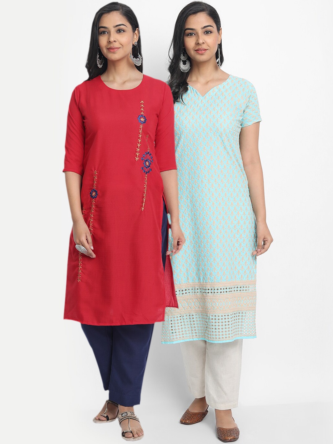 

7Threads Women Multicoloured Pack of 2 Floral Thread Work Kurta, Multi