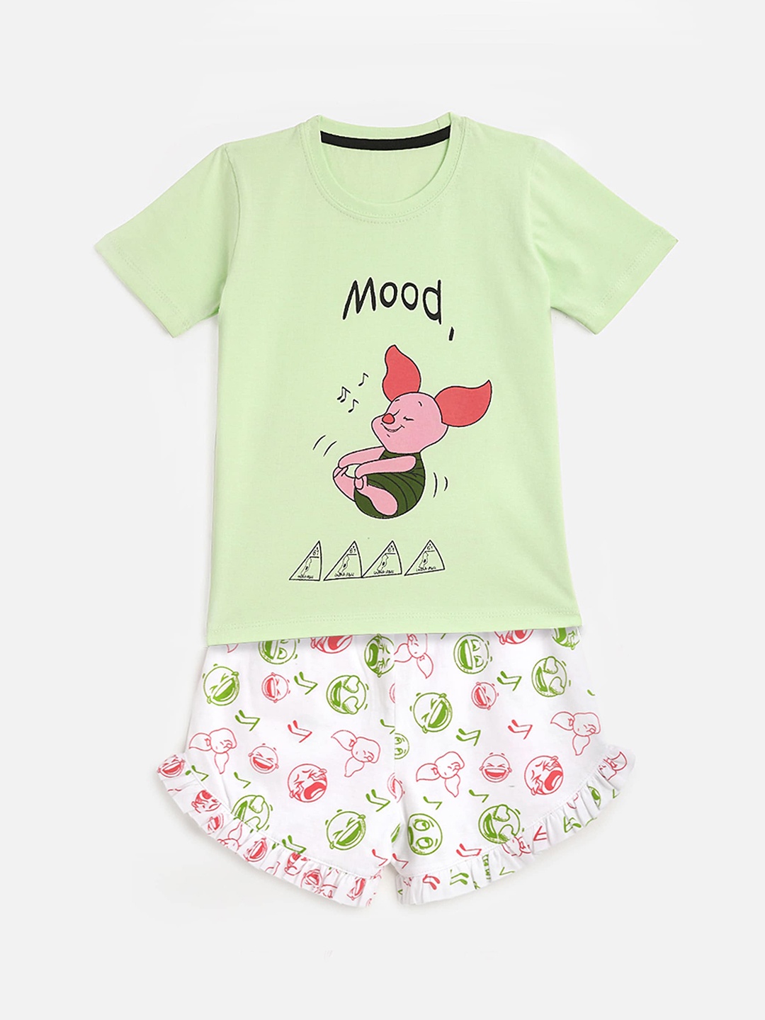 KIDSCRAFT Girls White & Green Printed T-shirt with Shorts