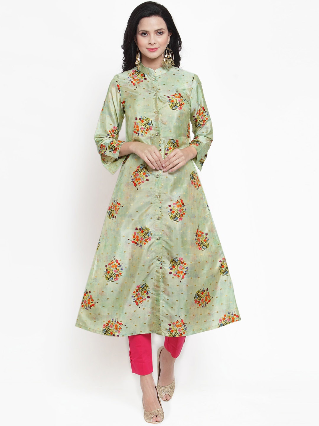 

Get Glamr Green & Orange Floral Printed Mandarin Collar A-Line Kurta