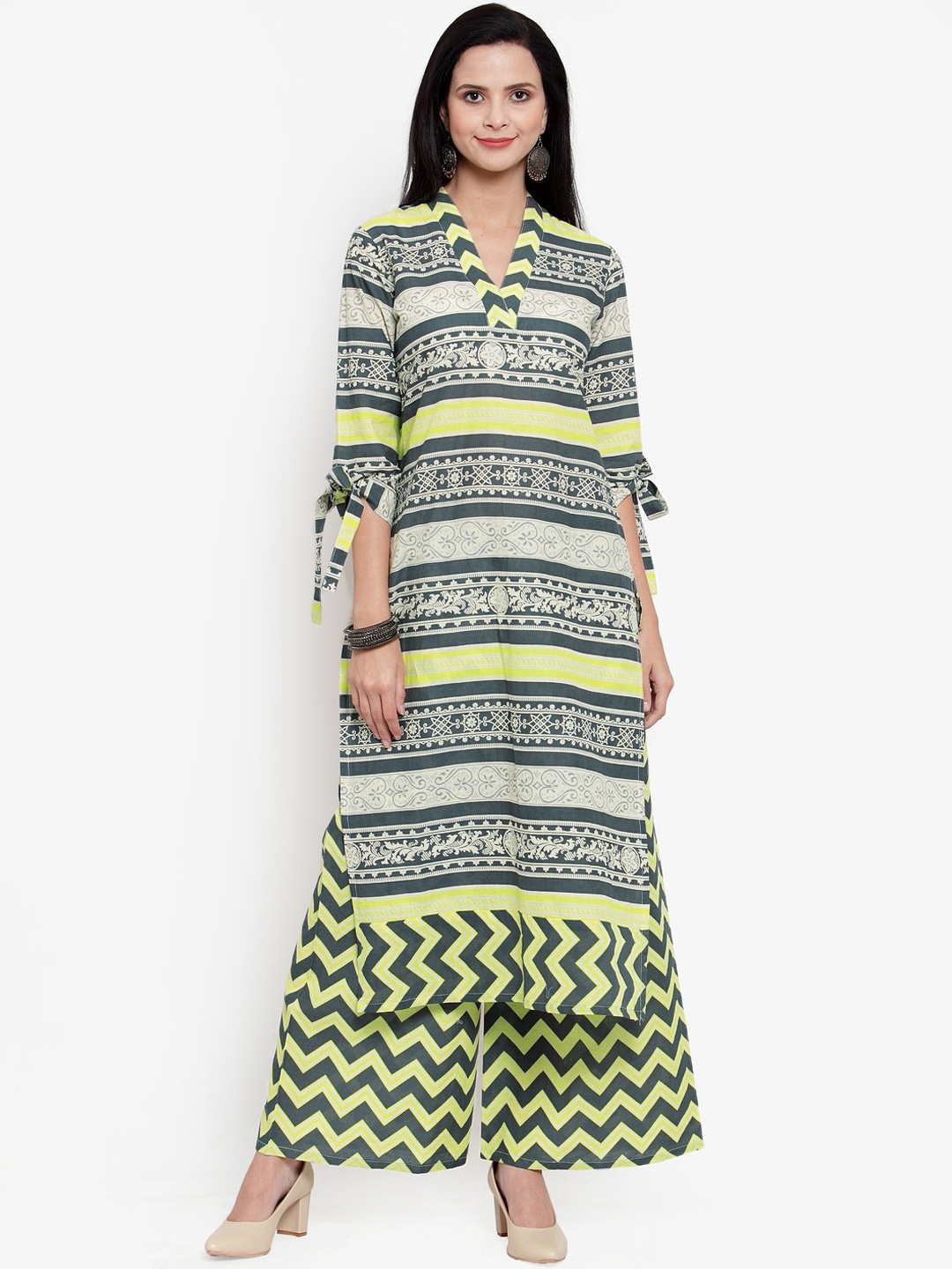 

Get Glamr Women Yellow & Blue Striped Kurta with Palazzos