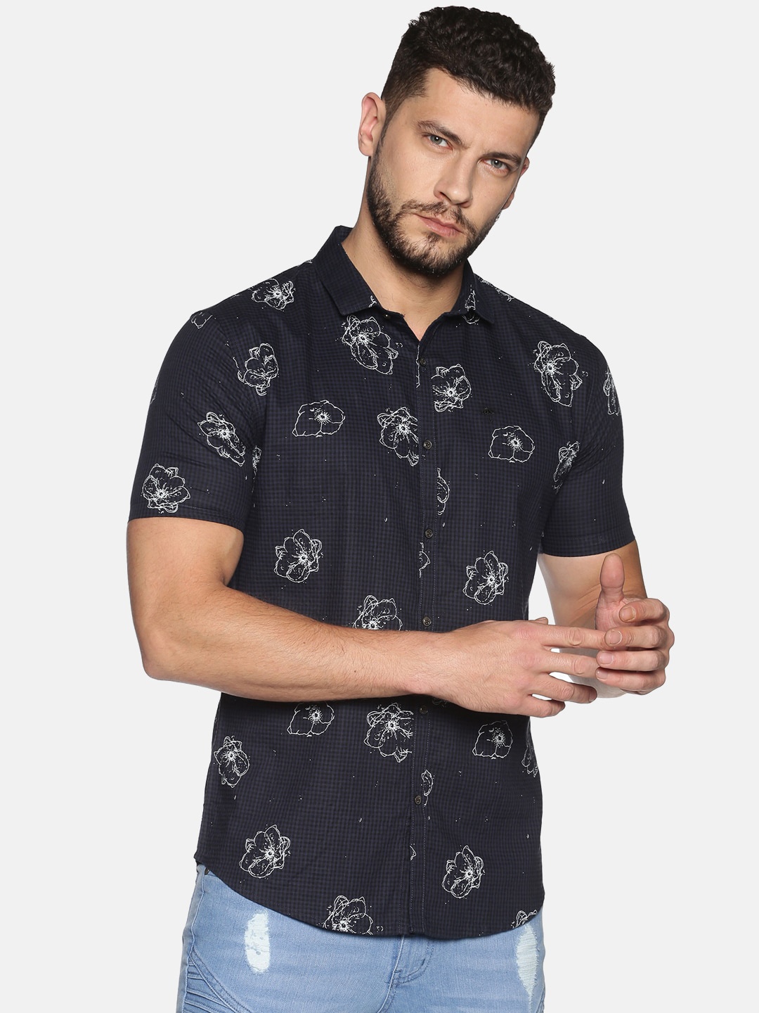 

SHOWOFF Men Navy Blue & White Slim Fit Printed Casual Shirt