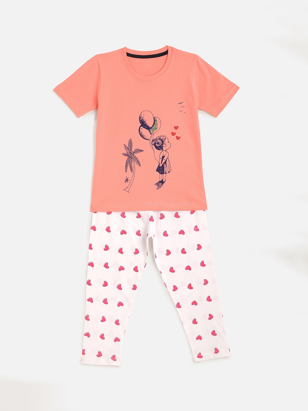 KIDSCRAFT Girls Peach-Coloured & White Printed T-shirt with Pyjamas