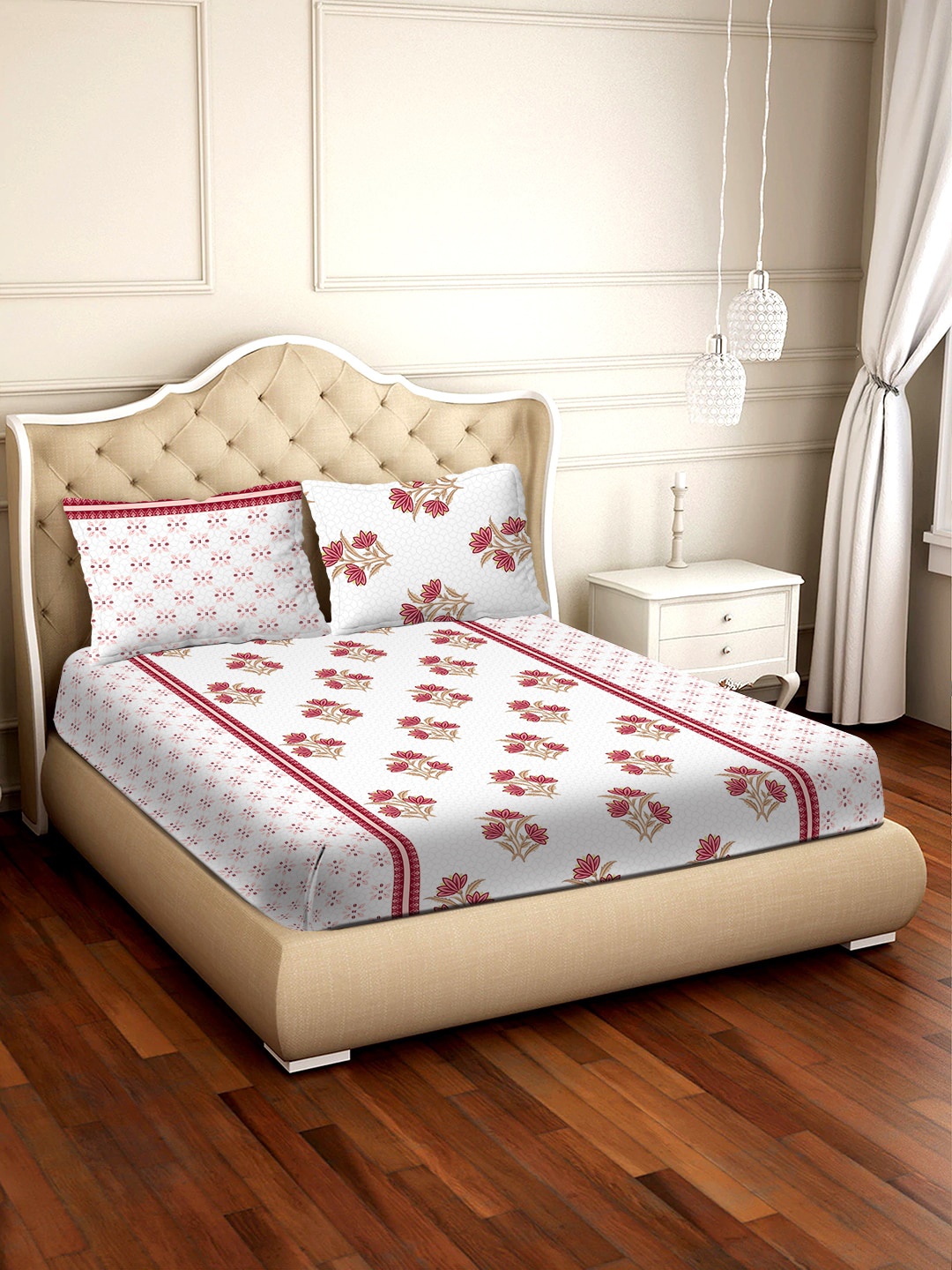 

BELLA CASA Pink & White Floral 250 TC Cotton 1 King Bedsheet with 2 Pillow Covers