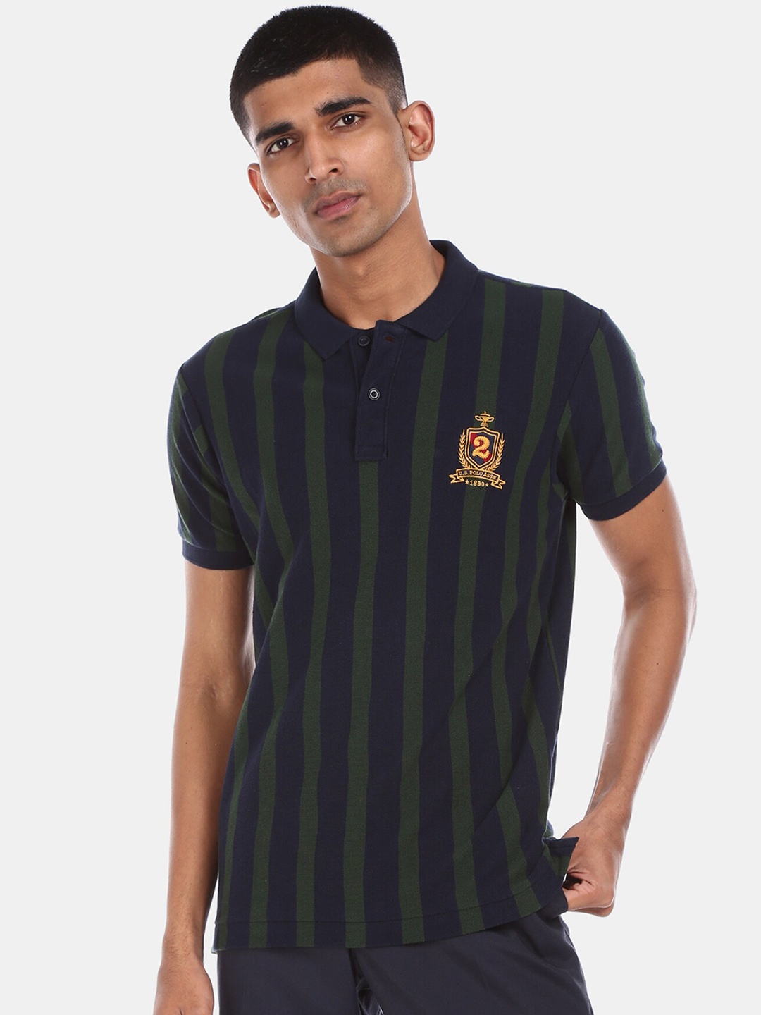 

U.S. Polo Assn. Men Navy Blue Green Striped Polo Collar Pure Cotton T-shirt