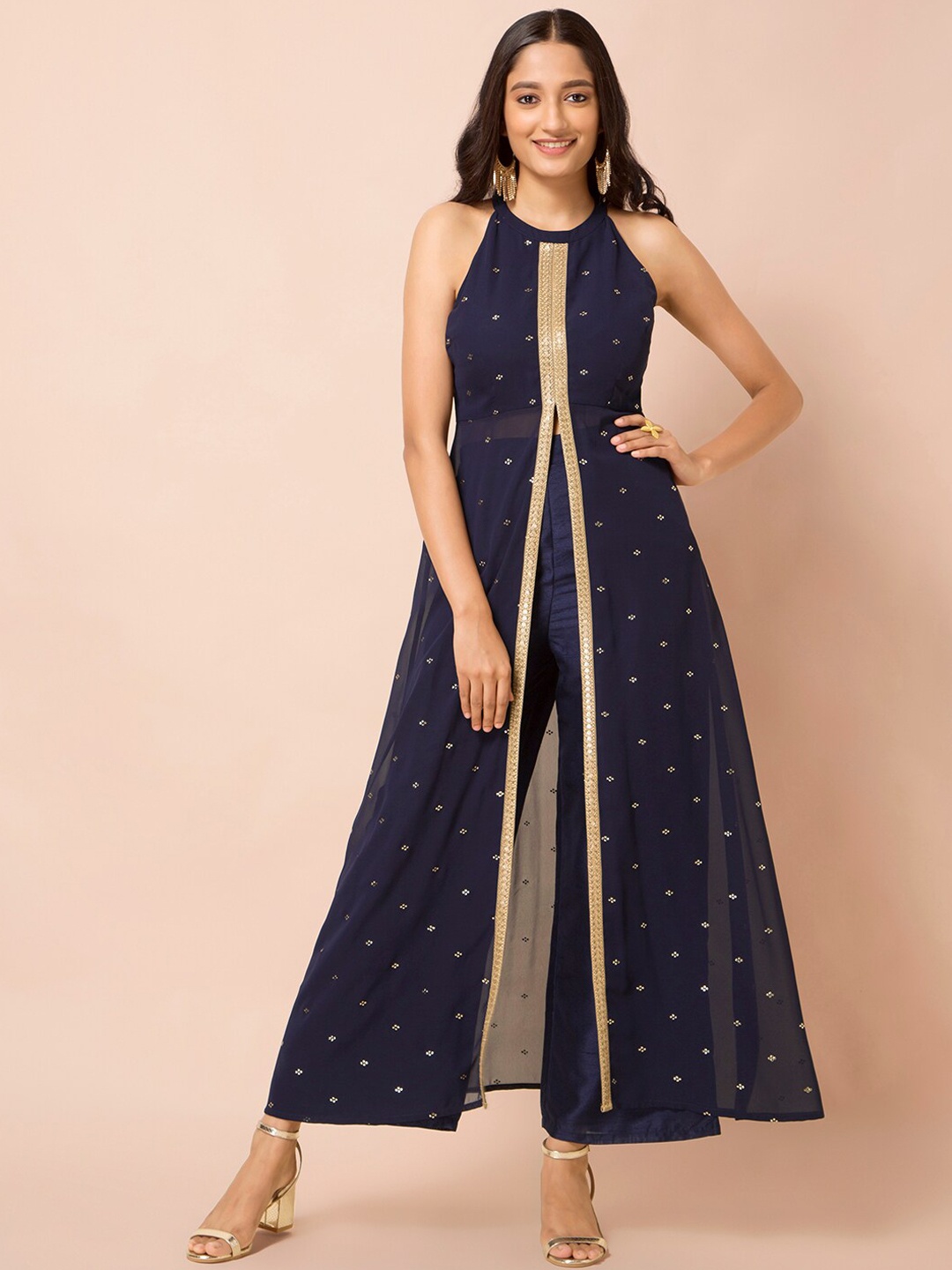 

INDYA Women Navy Blue & Gold-Coloured Geometric Foil Printed Kurta