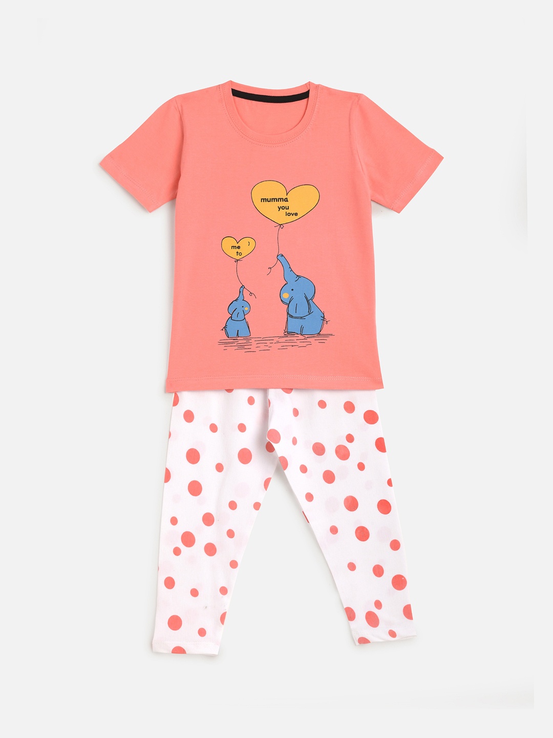 

KIDSCRAFT Girls Peach-Coloured & White Printed T-shirt with Pyjamas