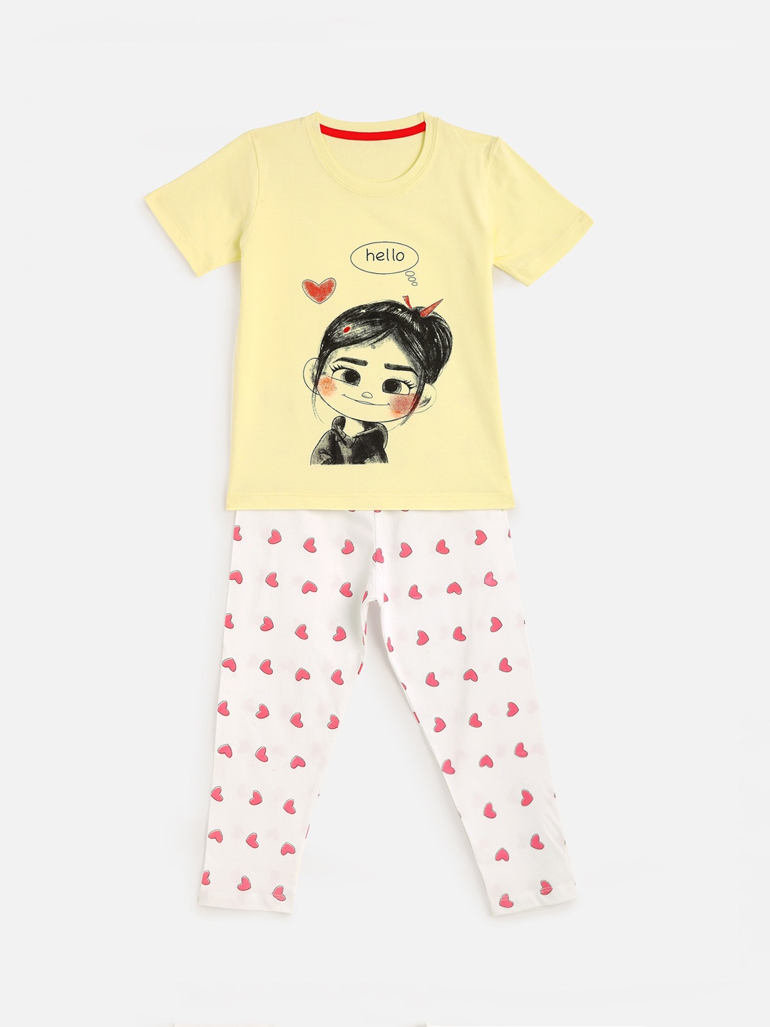 

KIDSCRAFT Girls Yellow & White Printed T-shirt with Pyjamas