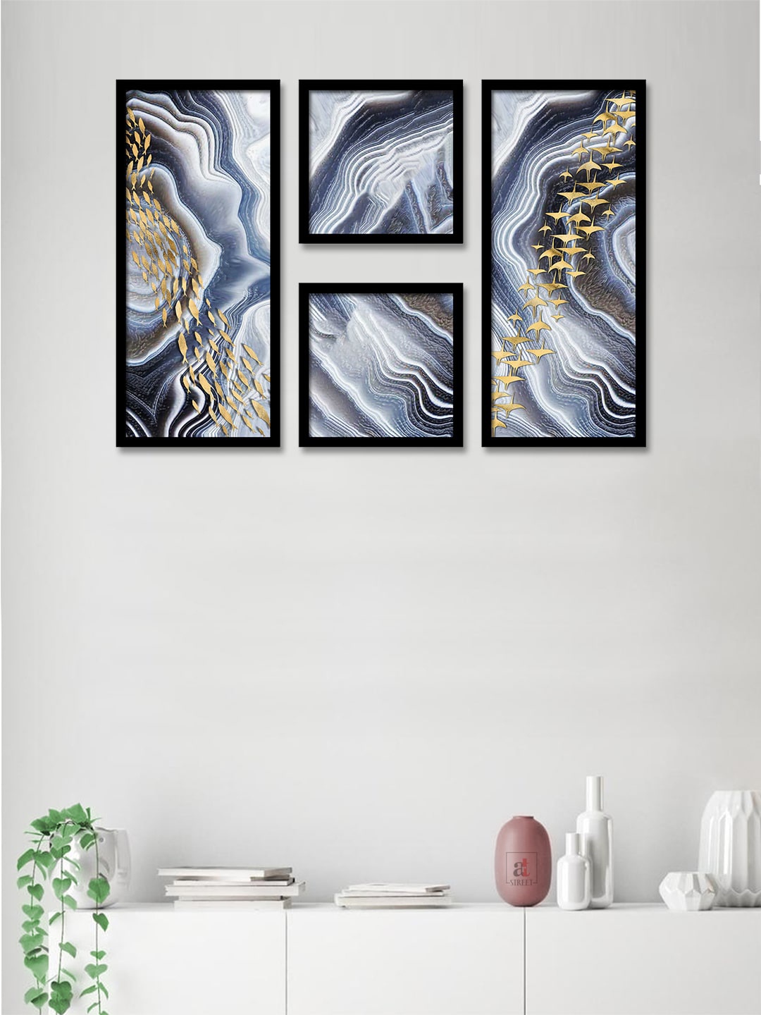 

Art Street Set Of 4 Blue & Yellow Abstract Birds Theme Framed Paintings