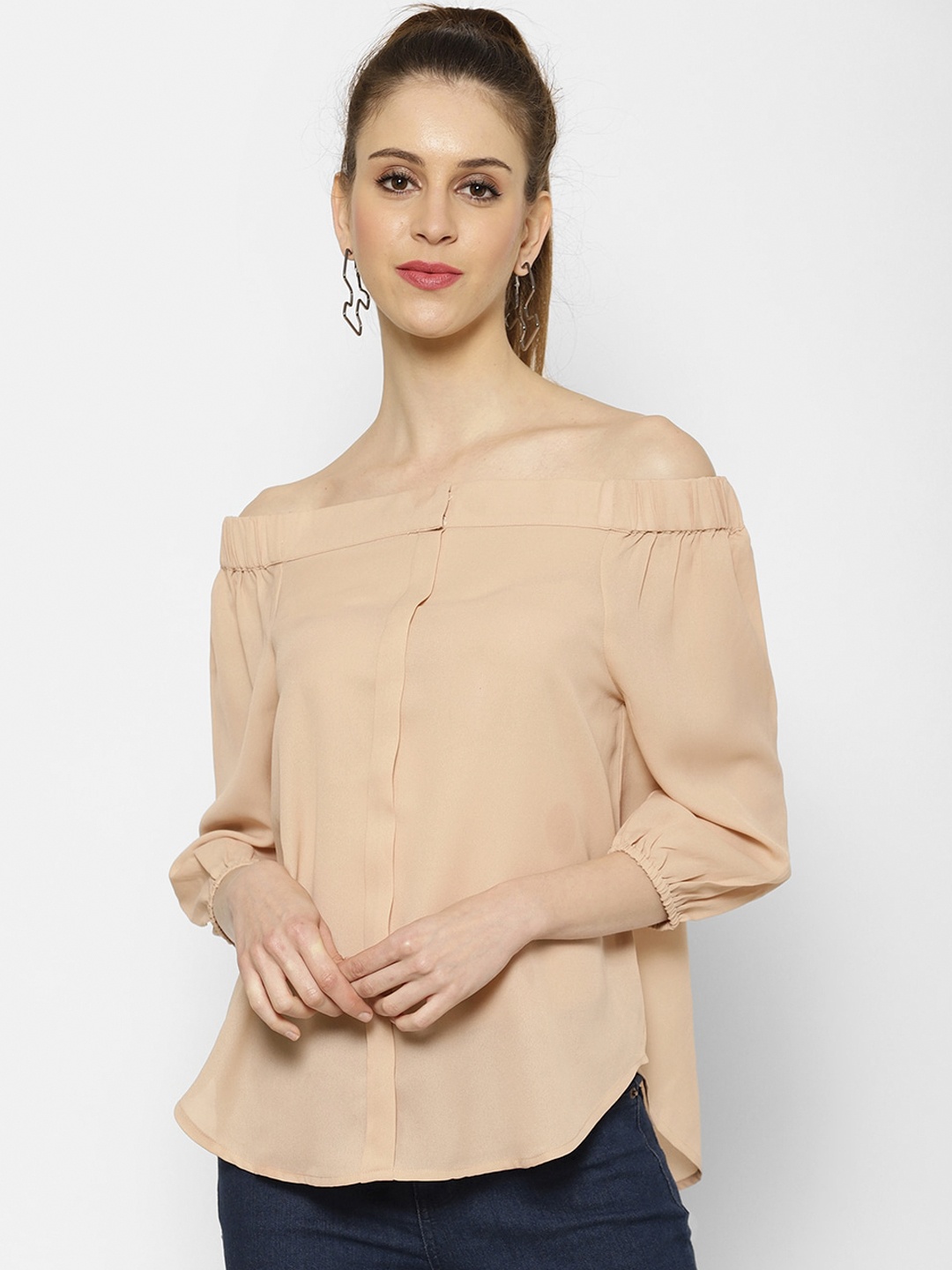 

KASSUALLY Women Beige Off-Shoulder Puff Sleeves Georgette Bardot Top