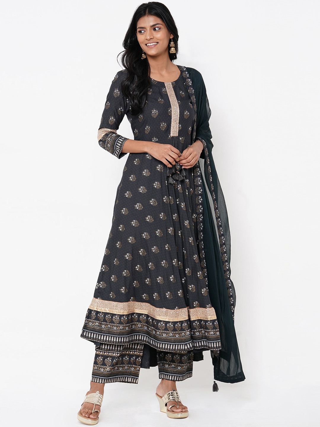 

FASHOR Women Charcoal Grey & Gold-Toned Printed Kurta with Palazzos & Dupatta
