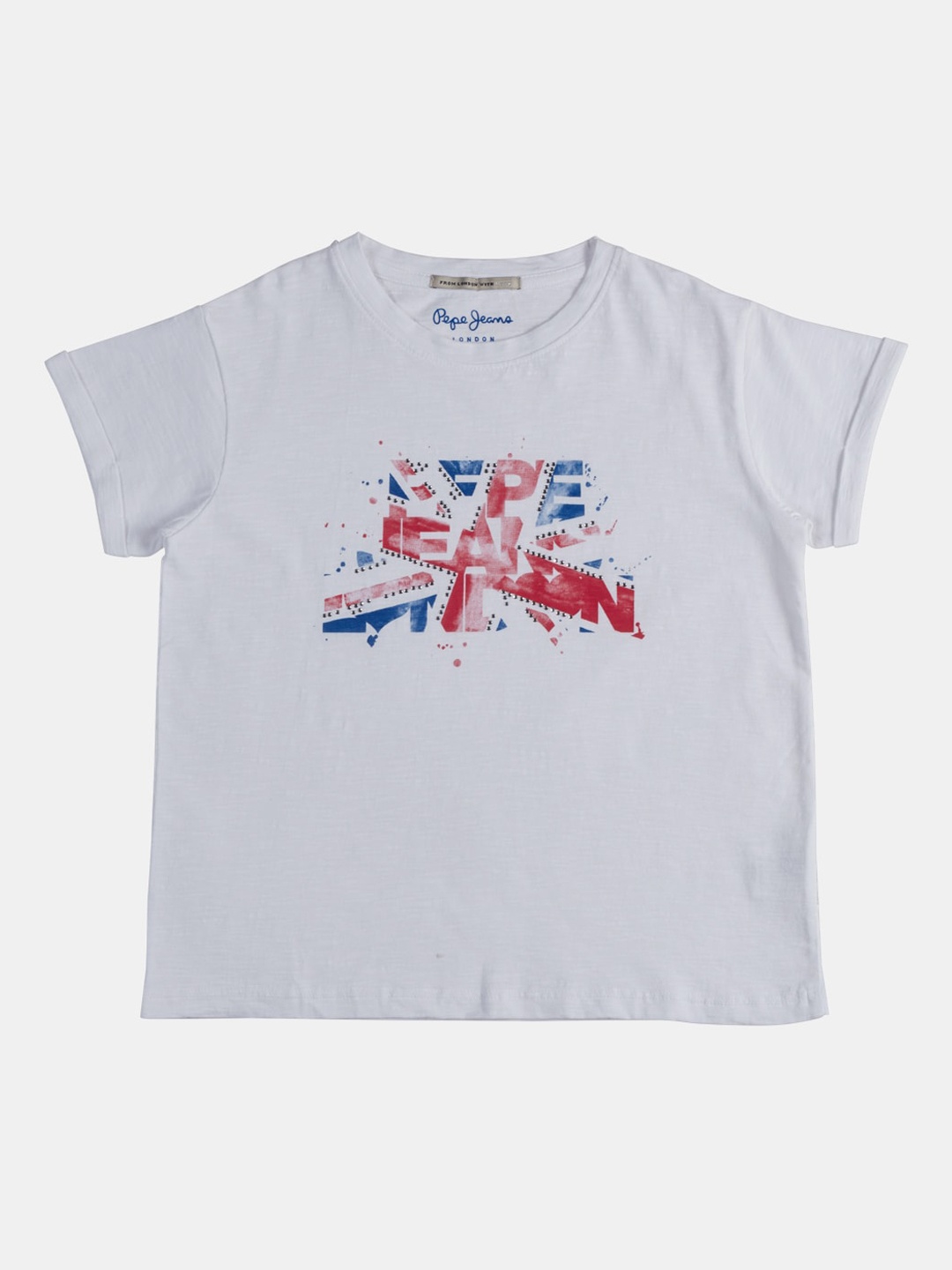 

Pepe Jeans Girls Off-White Printed Round Neck Pure Cotton T-shirt