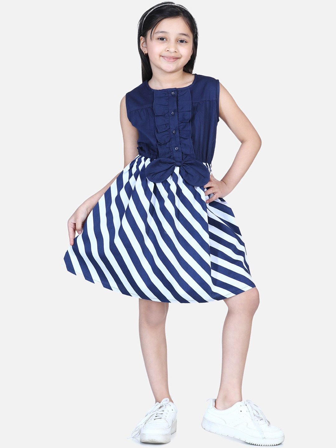 

StyleStone Girls Blue Striped Fit and Flare Dress