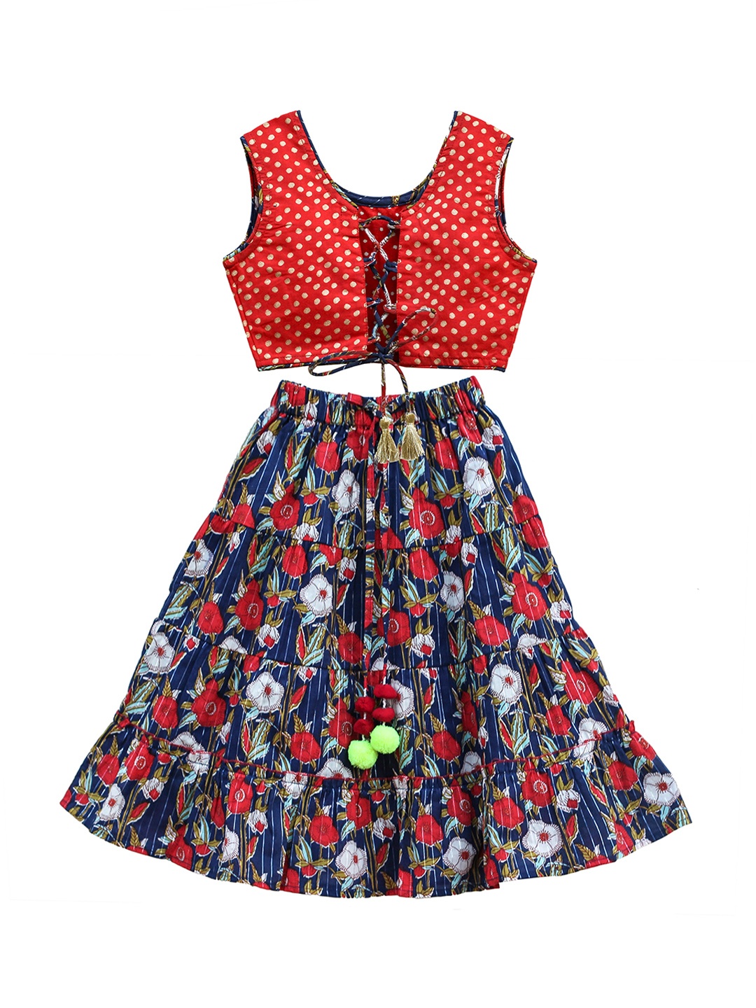 

My Little Lambs Girls Navy Blue & Red Floral Print Cotton Ready to Wear Lehenga & Blouse