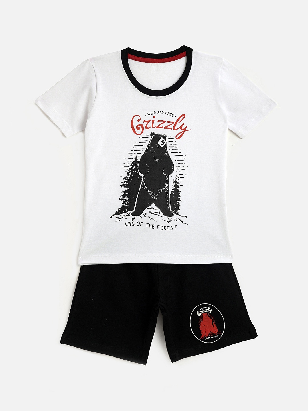 

KIDSCRAFT Boys White & Black Printed T-shirt with Shorts