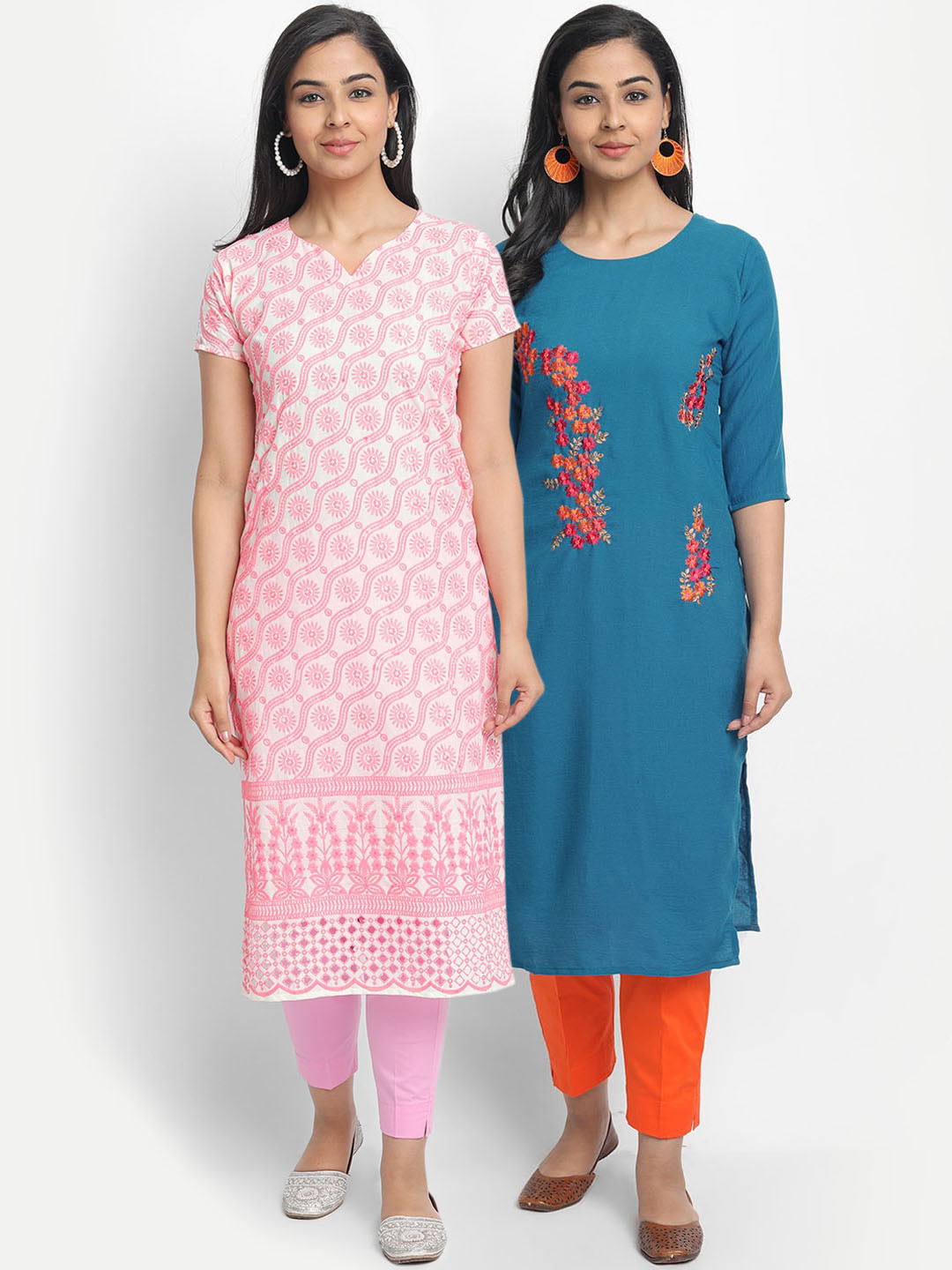 

7Threads Women Multicoloured Set of 2 Yoke Design Thread Work Straight Kurta, Multi